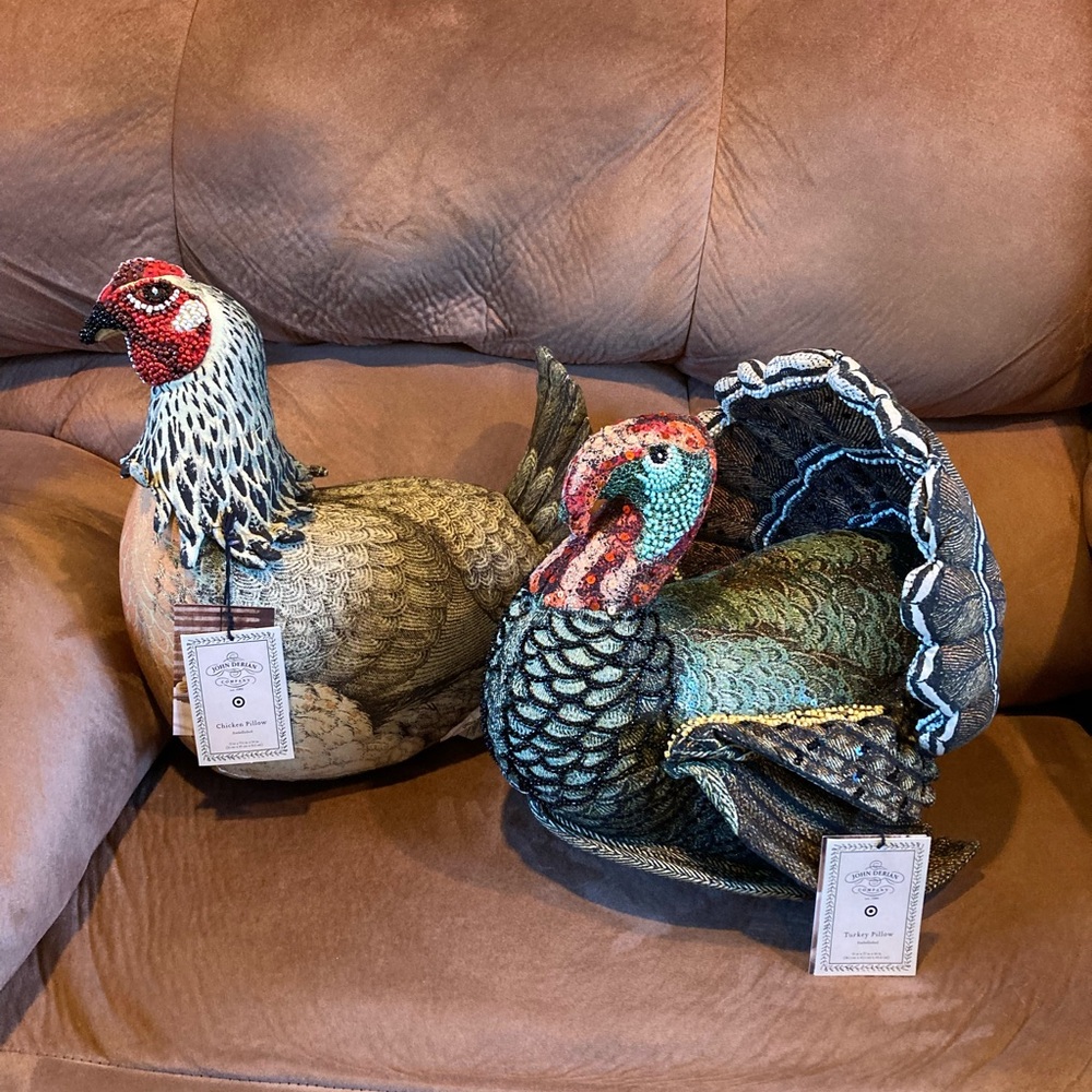 John Derian Target Beaded Fall Turkey & Chicken Pillow Thanksgiving Decor NEW